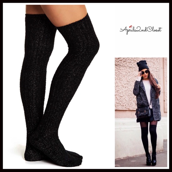 free press Accessories - FREE PRESS BLACK METALLIC OVER THE KNEE TALL SOCKS